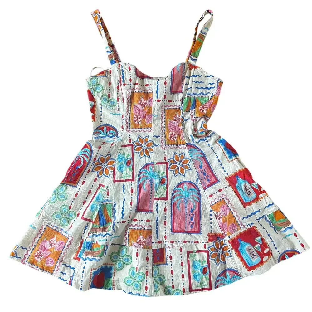 Avec Les Filles Sweetheart Neck Stamp Print Cotton Mini Sundress | Women’s 8 - Picture 5 of 11